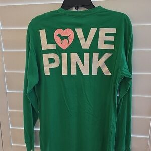 PINK Victoria's Secret Green Long Sleeve Tee with Pink Heart